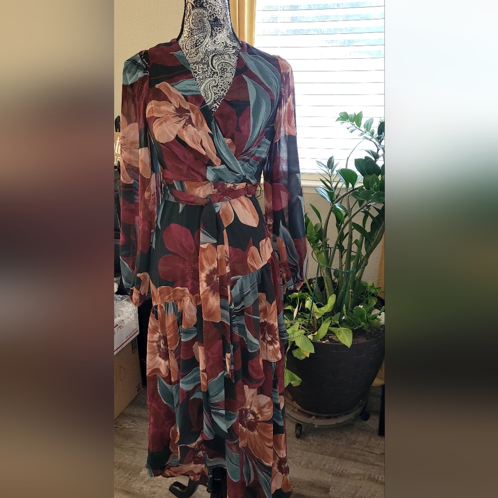 NWOT Blue and Orange Asymmetrical Tiered Sundress with Bishop Sleeves 22 - Picture 2 of 8